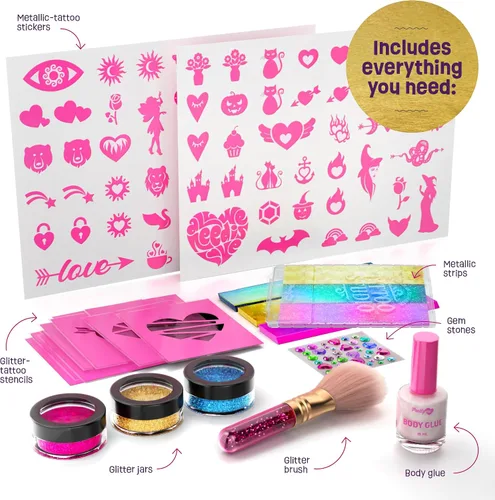 Vista 2 de Pretty Me Kit de tatuaje con purpurina para niños, tatuajes falsos metálicos y con purpurina para niñas, ideas de regalo de cumpleaños para niñas
