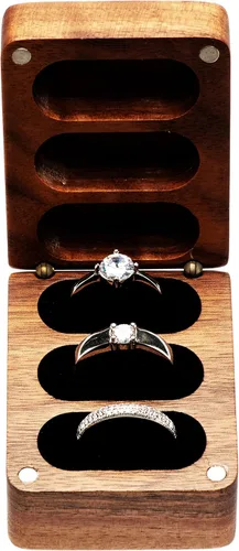 Vista 3 de Caja de almacenamiento para anillos de boda de madera de nogal, soporte sólido para anillo de 3 ranuras, ceremonia de boda, compromiso, cumpleaños