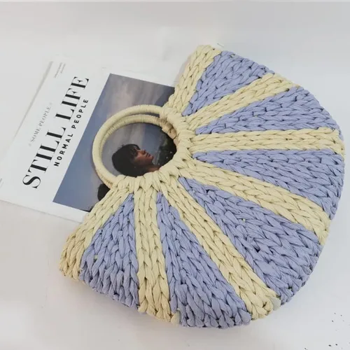 Vista 4 de Bolsos de paja de ratán semicírculo, tejido a mano para mujer, bolso de asas retro de paja de verano, bolso cruzado colorido, bolso bohemio
