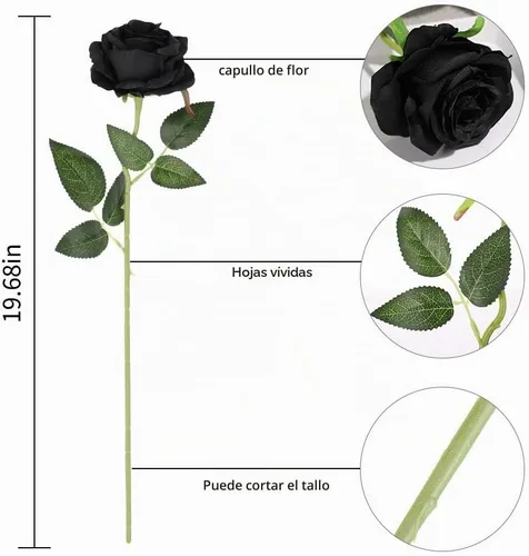 Vista 3 de Laelfe 12 PCS Flores Artificiales Rosas Negras, Flores de Seda Falsas de Tallo Largo Rosa Artificial para Decoraciones de Halloween Hogar Boda Negro