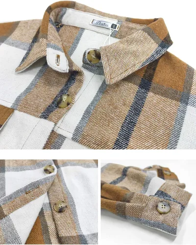 Vista 3 de DOROSE - Abrigo de manga larga con botones para mujer, camisa a cuadros de franela 01 caqui