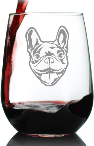 Vista 7 de Happy Frenchie - Copa de vino sin tallo, bonitos regalos temáticos de bulldog francés o decoración de fiesta para mujeres y hombres, vasos grandes