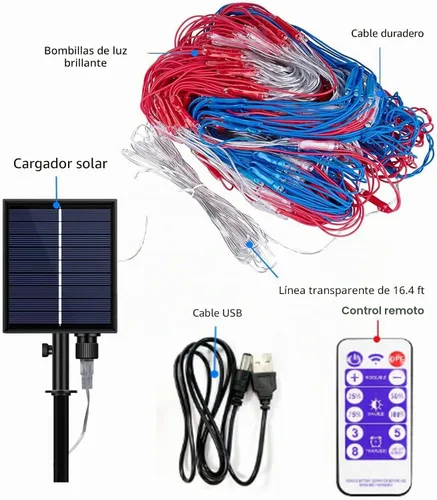Vista 6 de Luces solares de bandera estadounidense, 420 luces LED impermeables de red de bandera estadounidense, decoraciones del día de la independencia, 8