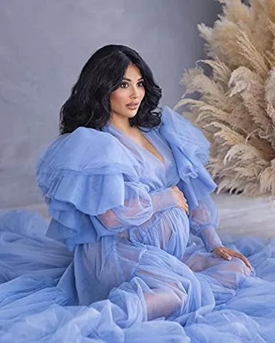 Vista 3 de ChliEarime Hecate Bata de tul para mujer, vestido de noche transparente, sesión de fotos de maternidad, vestido de fiesta de baby shower