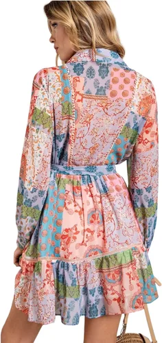 Vista 6 de Vestido camisero de manga larga con estampado de flores multicolor