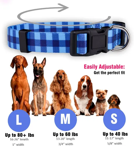 Vista 3 de Native Pup Collar de perro a cuadros, leñador rojo, tartán, azul, rosa, ajustable para perros grandes y pequeños (azul, grande)