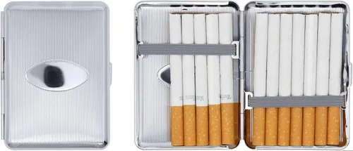 Vista 15 de Juego de 2 cajas de cigarrillos compactas chapadas en metal tamaño King con bandas elásticas (oro ovalado)