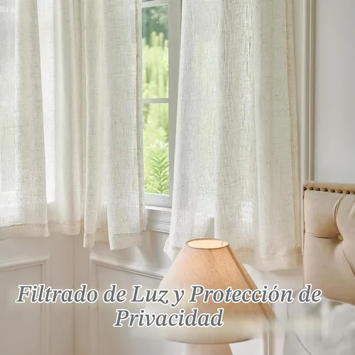 Vista 3 de DUALIFE 2 paneles de cortinas de lino transparente natural de 45 pulgadas, color beige para ventanas pequeñas, bolsillo con pestaña trasera