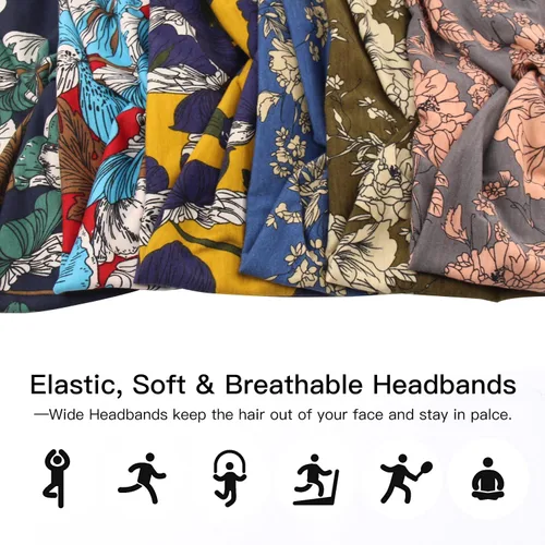 Vista 7 de Diademas anchas para mujeres y niñas, diadema bohemia con estampado floral, turbante nudo, diadema para entrenamiento, bandas para el cabello