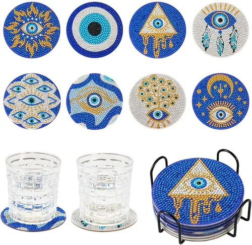 Vista 13 de FASHEWELRY 8 posavasos de arte de diamante con soporte para abejas, kit de posavasos de pintura de diamantes para bebidas, kits de arte de diamantes