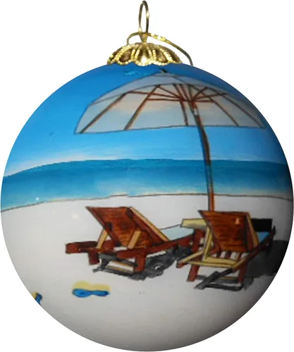 Vista 6 de Adorno navideño de vidrio soplado Sillas de playa Florida Pintado a mano en el interior Arte original Incluye caja de regalo