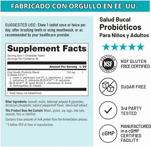 Vista 6 de NatureWise Probióticos orales para el mal aliento bucal, menta masticable sin azúcar, Lactobacillus reuteri masticable, probióticos orales