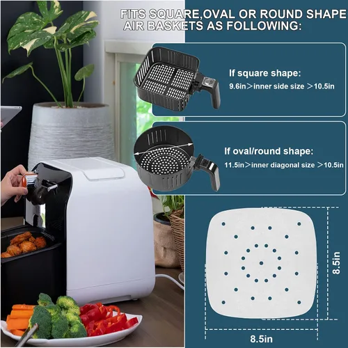 Vista 3 de 200 piezas de papel pergamino desechable para freidora de aire de 8.5 pulgadas, perforado premium para freidora de aire, vaporera, sartenes, sin