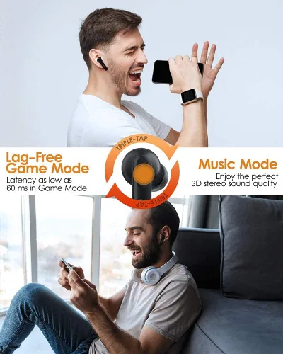 Vista 3 de DTTO J-10 Auriculares con cancelación activa de ruido con modo de juego de baja latencia de 60 ms, estuche de carga inalámbrica Bluetooth 5.2