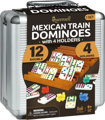 Vista 11 de Queensell Juego de dominó de tren mexicano doble 12 – Juego de dominó jumbo para adultos, 91 azulejos con puntos coloridos, cubo de madera, tren