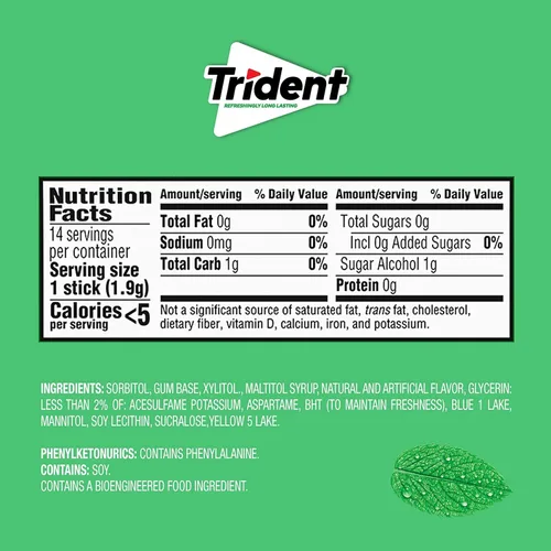Vista 3 de Trident Goma de mascar de menta verde sin azúcar, 3 paquetes de 14 piezas (42 piezas en total)