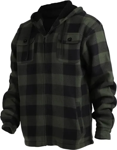 Vista 3 de Chaqueta de franela a cuadros para hombre, de felpa con capucha, de sherpa con zíper, pesada y gruesa, cálida para invierno.