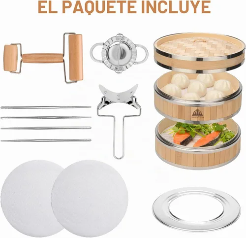 Vista 4 de Cesta para cocinar al vapor de bambú de 2 niveles Cesta para cocinar al vapor de bambú con forro reutilizable de silicona Kit de dim sum