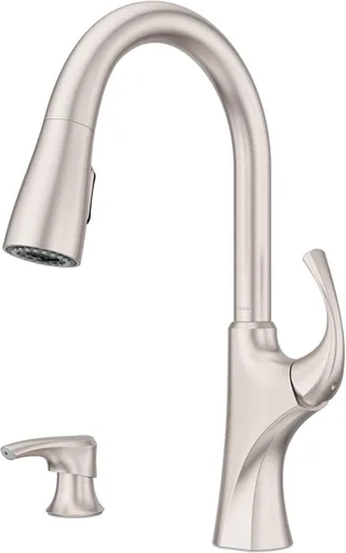 Vista 16 de Pfister Miri 2.0 Llave de cocina con rociador extraíble y dispensador de jabón, de un solo mango, arco alto, certificada por NSF, acabado en oro Oro