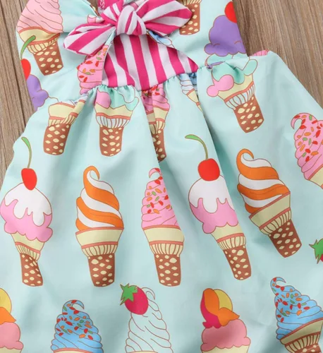 Vista 4 de Falda de verano para niñas pequeñas, vestido sin espalda con tirantes y estampado de helado