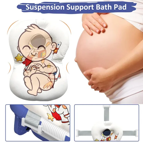 Vista 5 de Bañera plegable para recién nacidos a niños pequeños (0-24 meses), bañera portátil para bebés para viajes, bañera plegable con cojín suave y de Azul