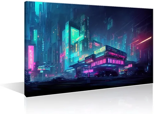 Vista 31 de 1 panel de cuadros de la ciudad de Cyberpunk, arte de pared, representación de vallas publicitarias, edificios modernos en la capital con obras