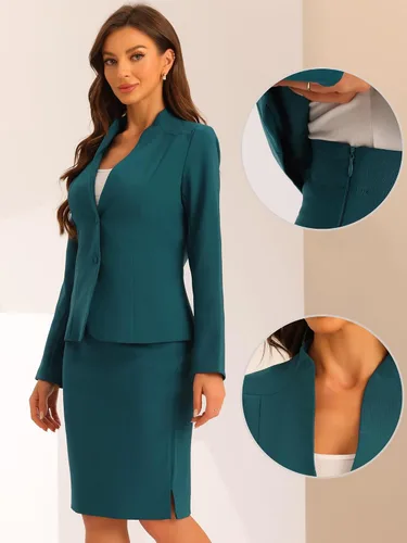 Vista 2 de Allegra K Conjuntos de negocios de 2 piezas para mujer, blazer sin cuello y falda de lápiz formal
