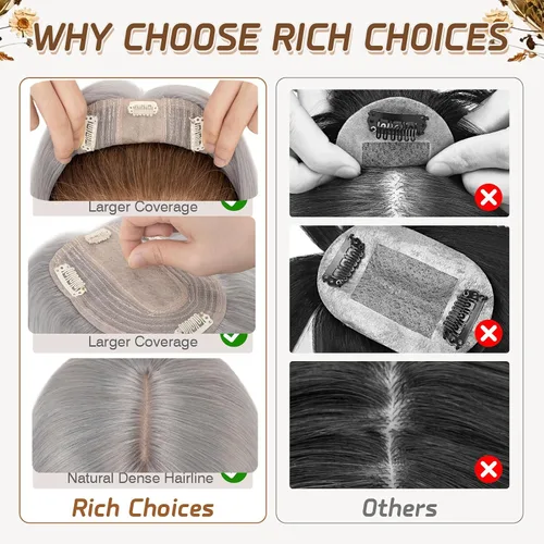 Vista 19 de Rich Choices Pelucas con topper de cabello para mujeres, cabello humano real 100% Remy, sin flequillo, para mujeres con adelgazamiento en la parte