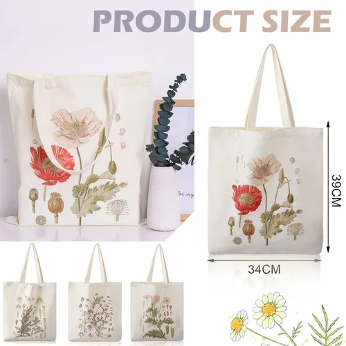 Vista 3 de Bolsa de lona floral de 4 piezas para mujeres, regalos de club de lectura, bonitas bolsas de lona estéticas a granel con flores reutilizables