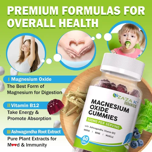 Vista 3 de ZA'ZA K ORGANICS Gomitas de óxido de magnesio, óxido de magnesio de 500 mg con Ashwagandha y vitamina B12 para dormir, nervios, músculos, salud ósea