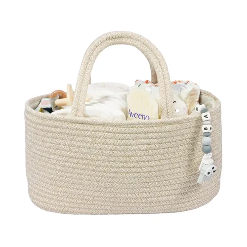 Vista 8 de Organizador de pañales para bebé con asa de cuerda de algodón para niña o niño, cesta de almacenamiento portátil para guardería, bolsa de pañales