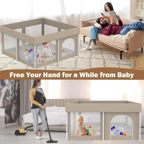 Vista 5 de Corralito plegable para bebés de 50 x 50 pulgadas, corralito para bebés y niños pequeños, valla de seguridad portátil ligera, sin instalación