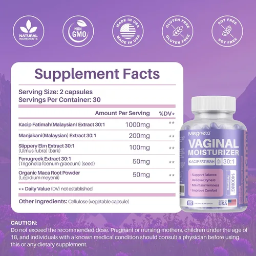Vista 5 de Hidratante vaginal, Kacip Fatimah 1,000 mg y Manjakni 200mg para la salud íntima femenina, olmo resbaladizo para mujeres, vegano, 60 cápsulas