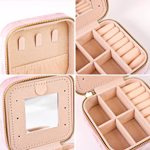 Vista 4 de Fixwal Joyero de terciopelo de felpa de viaje con espejo, mini joyero para mujeres y niñas, pequeñas cajas organizadoras portátiles para anillos