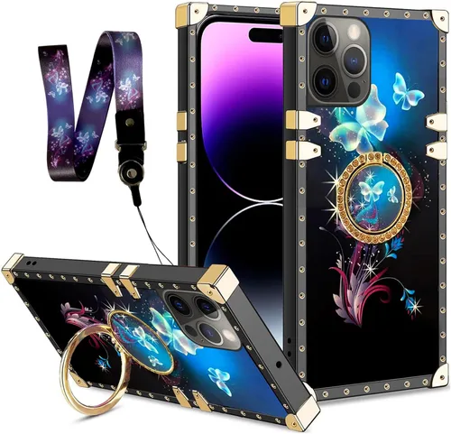 Vista 17 de nancheng Funda para iPhone 15, diseño de flor de mariposa azul, TPU suave, a prueba de golpes, con soporte de anillo y cordón a juego, elegante
