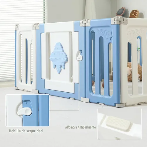 Vista 4 de Bestgame - Corralito para bebés - 14 paneles extragrandes plegables para niños pequeños, valla portátil en forma de OVNI, puerta, patio - Azul