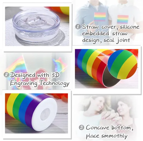 Vista 5 de Geiserailie Vaso de bandera del orgullo arcoíris, regalo pansexual Lesbiana LGBT del orgullo gay, taza de agua a rayas de arcoíris, regalos del mes