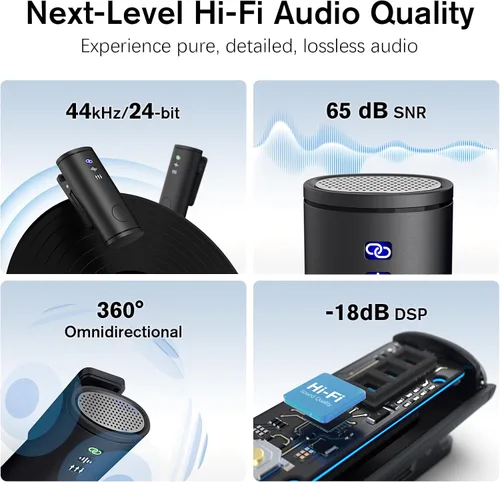 Vista 3 de Rythflo Micrófono Lavalier inalámbrico para iPhone/Android/iPad (2 TX + 2 RX + estuche de carga), mini micrófono con reducción de ruido, batería