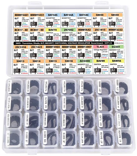 Vista 3 de Surtido de componentes electrónicos SMD SOT-23, transistores, BJT, MOSFET, diodos, Schottky, conmutación, regulador de voltaje, 28 tipos, 1400 piezas