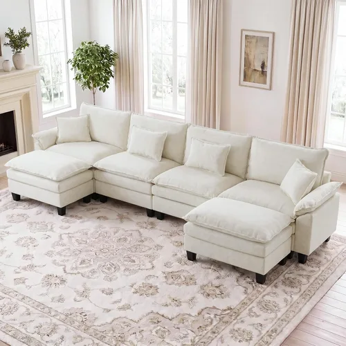 Vista 54 de IPKIG 117" Modular Sectional Cloud Couch, Modern L-Shaped Sofa with Ottoman Blanco beige