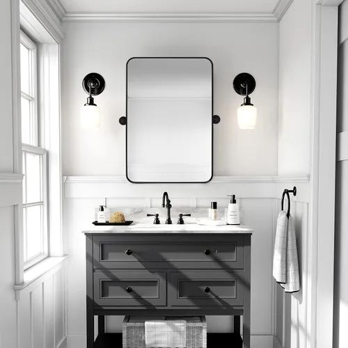 Vista 6 de Espejo de baño rectangular pivotante de 18 x 24 pulgadas, inclinable, biselado, con marco de metal negro, espejos de tocador para pared, vidrio