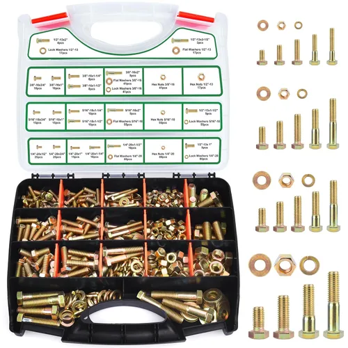 Vista 11 de FOLIV Kit surtido de 523 tornillos y tuercas de grado 8, surtido de tuercas y pernos resistentes, pernos hexagonales SAE 1/4-20 5/16-18 3/8-16