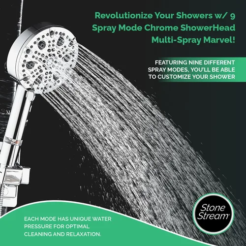 Vista 2 de Cabezal de ducha cromado original de 9 modos de pulverización, experiencia de lujo, 9 flujos de agua únicos para una máxima relajación, fácil