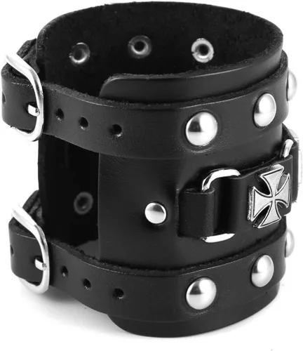 Vista 4 de STWTR Pulsera de cuero para hombre estilo punk rock, brazalete ancho tipo cinturón de motocicleta