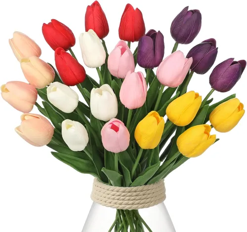 Vista 16 de 24 tulipanes rosas – Flores artificiales – Tulipanes artificiales de 13.5 pulgadas para el día de la madre, jarrón, centros de mesa, hogar, ramo