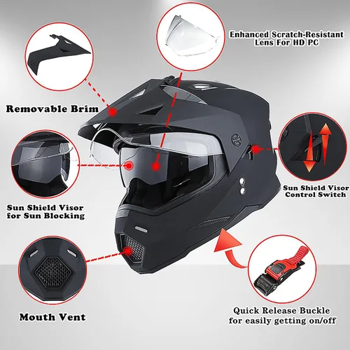 Vista 5 de 1Storm Dual Sport Motocross Off Road Casco de cara completa con visera doble: HF802