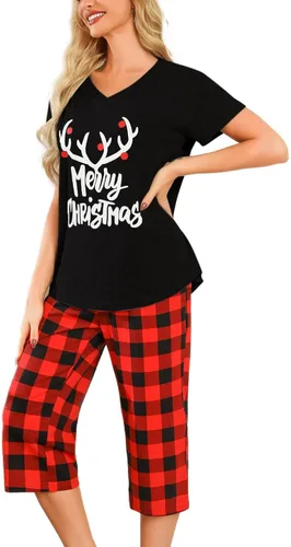 Vista 19 de ENJOYNIGHT Conjuntos de pijama de algodón para mujer, pijamas de verano con pantalones capri, ropa de dormir Gato negro
