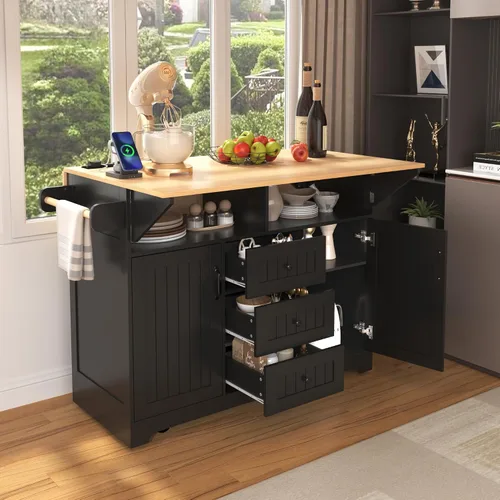 Vista 9 de Modern Rolling Kitchen Island with 2 Drop Leaves Power Outlets, 2 Storage Cabinets with Adjustable Shelf, 3 Drawers, Spice & Towel Rack, 5