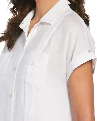 Vista 3 de Cubavera Vestido guayabera de lino de manga corta liso con dos bolsillos para mujer