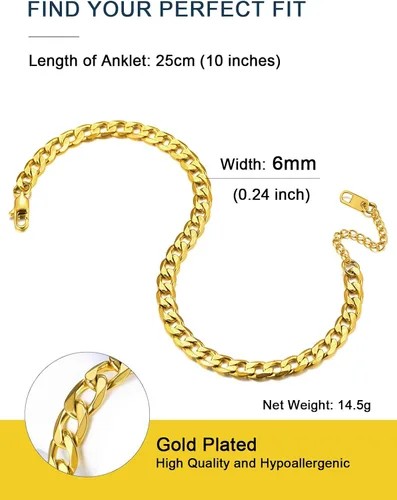Vista 2 de ChainsPro - Pulsera de tobillo ajustable para mujer y hombre, estilos fígaro, trigo, bizantina, espiga, cubano, con cierre resistente, chapada
